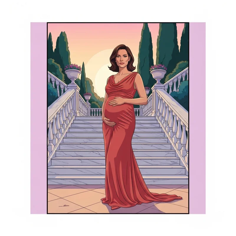 A woman wearing stylish wedding guest dresses for maternity in a Mediterranean garden.