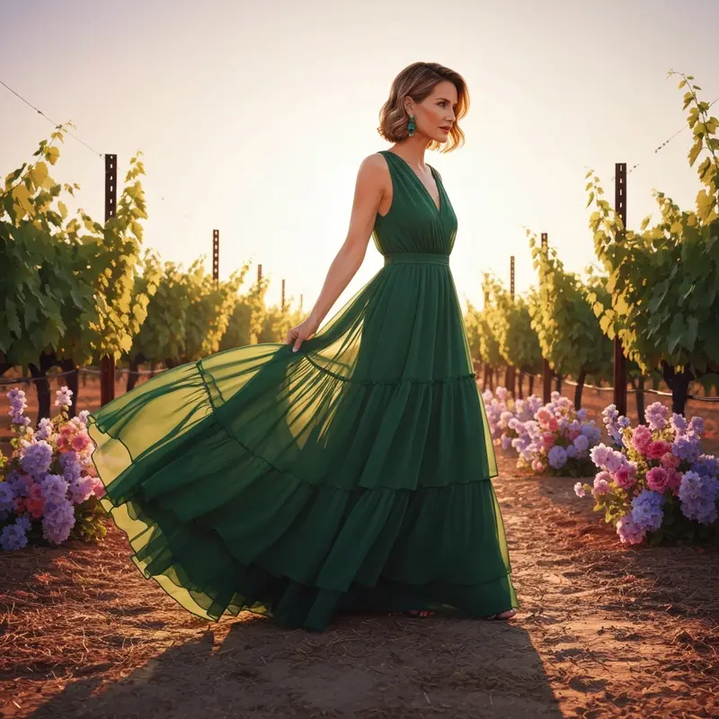 A woman wearing an elegant emerald green chiffon wedding guest dress walking through a vineyard at sunset.