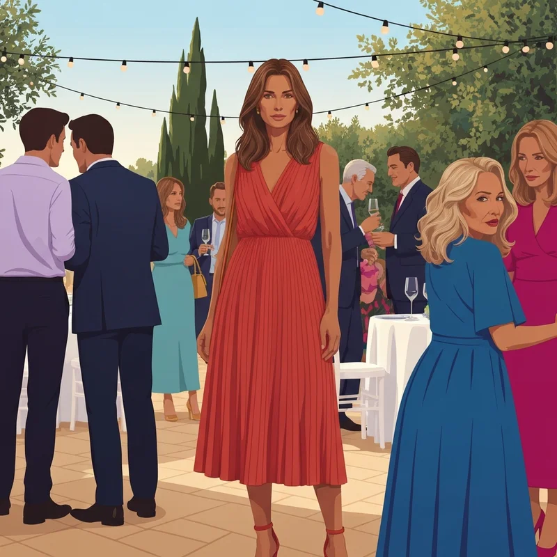 A woman wearing a stylish wedding guest dress summer in a garden setting