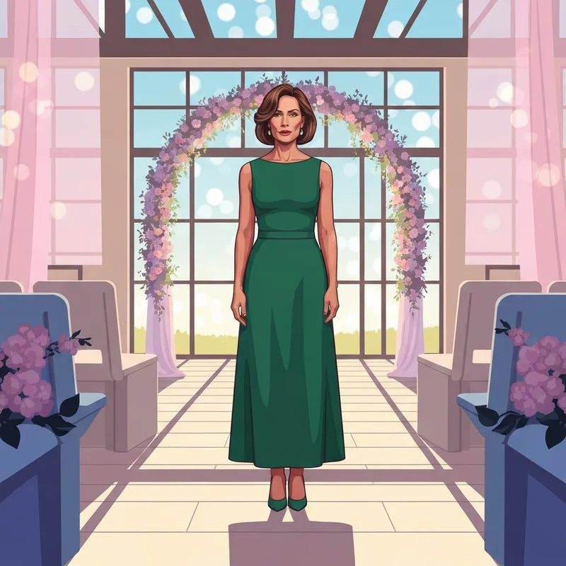 A woman wearing one of the best wedding guest dresses for petites that elongates her silhouette.