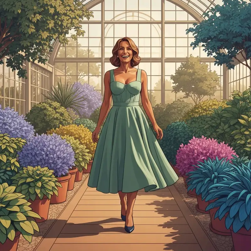 A woman wearing a stylish aline dress wedding guest outfit in a garden setting.