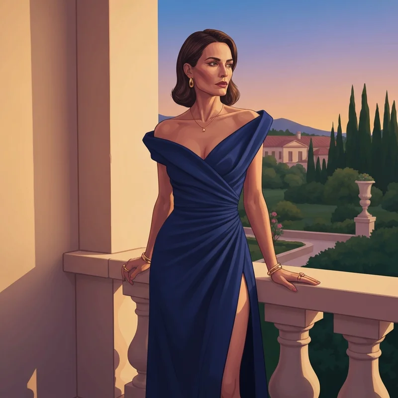 A sophisticated woman posing in one of the most elegant navy wedding guest dresses with a sunset background.