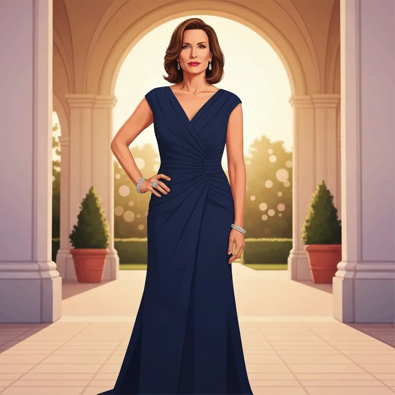 A woman wearing one of the best wedding guest dresses that hide belly bulge in a garden setting.