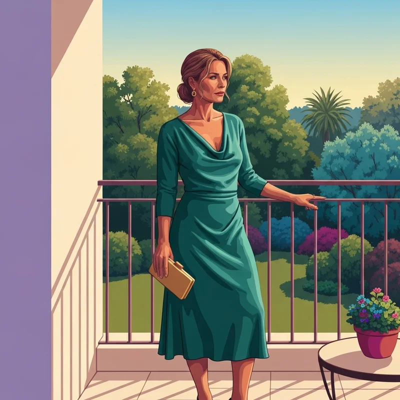 A woman wearing a shimmering emerald silk wedding guest dress at an outdoor garden event.