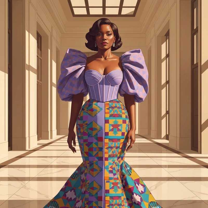 A woman wearing sophisticated and modern african wedding guest dresses in a luxury setting.