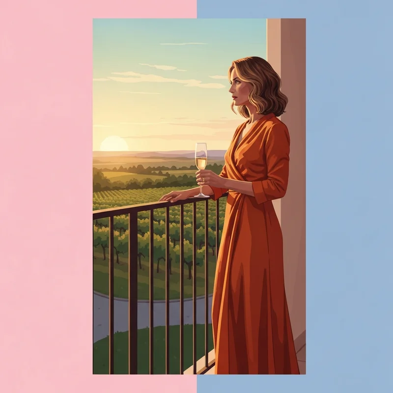 A woman wearing one of the stylish wedding guest dresses revolve offers at a sunset vineyard wedding.