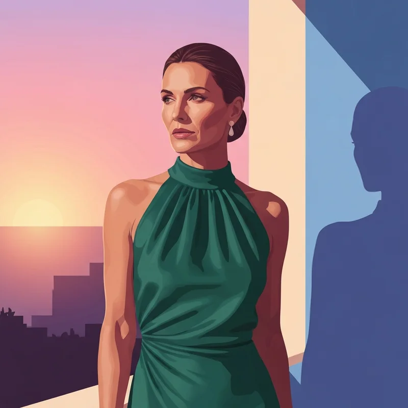 A woman wearing an elegant halter neck dress for wedding guest standing on a balcony at sunset.