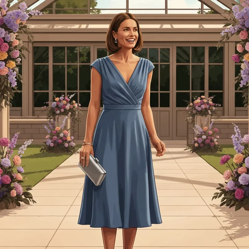 A woman wearing a stylish wedding guest dress blue at a garden ceremony.