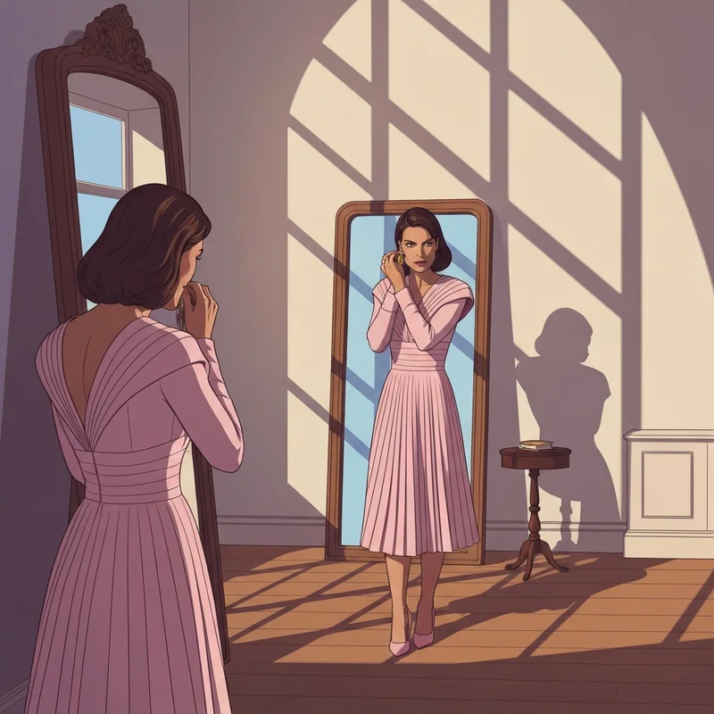 A woman styling a light pink wedding guest dress in front of a mirror