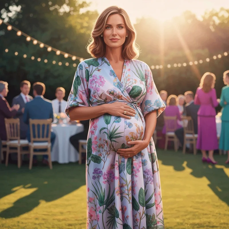 A woman wearing a stylish wedding guest maternity dress at a garden ceremony.