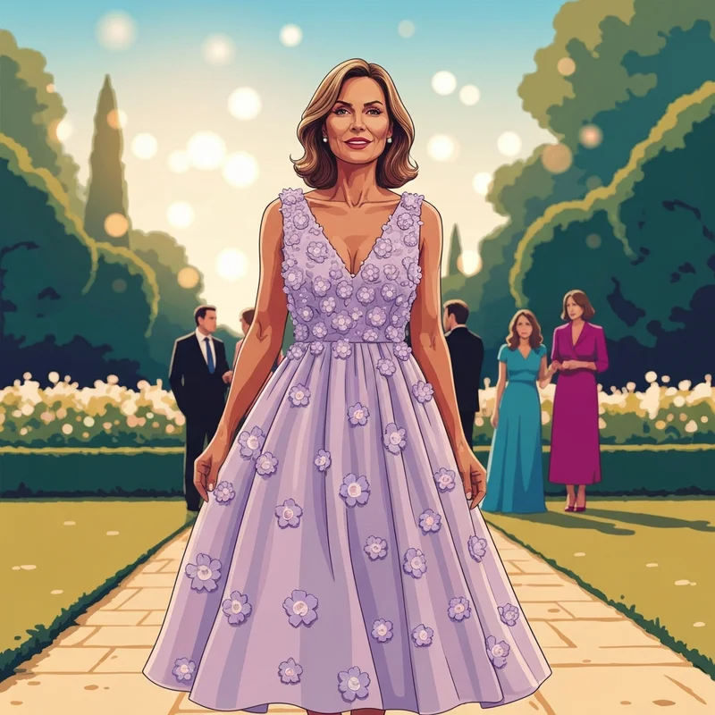 A woman wearing a beautiful dress wedding guest style at an outdoor luxury wedding reception.