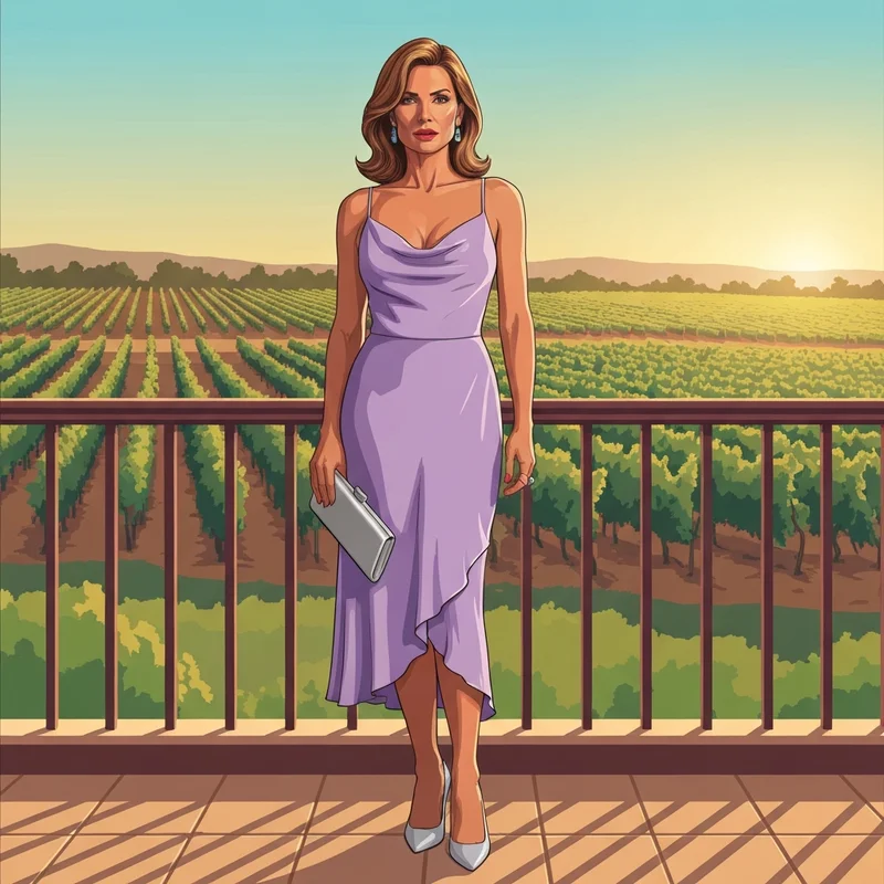 A woman wearing a stylish lavender wedding guest dress at a vineyard wedding during golden hour.