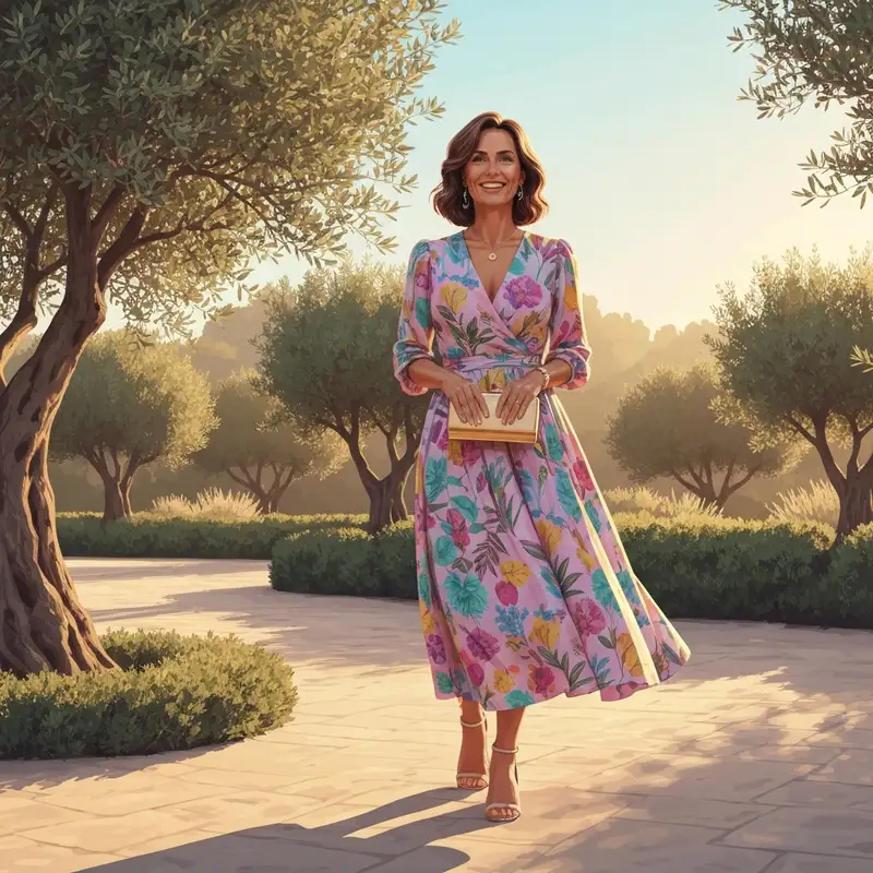 A woman wearing one of the best dresses for summer wedding guest season in a sun-lit garden setting.