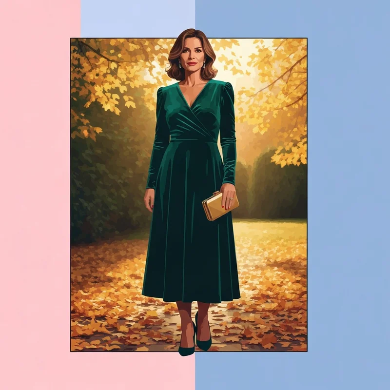 A woman wearing one of the best fall dresses for women wedding guest in emerald green velvet standing in an autumn garden.