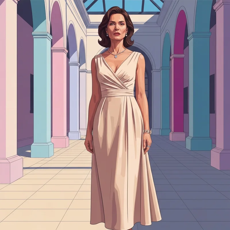 A stylish woman wearing a designer drop waist wedding guest dress in an editorial outdoor setting.