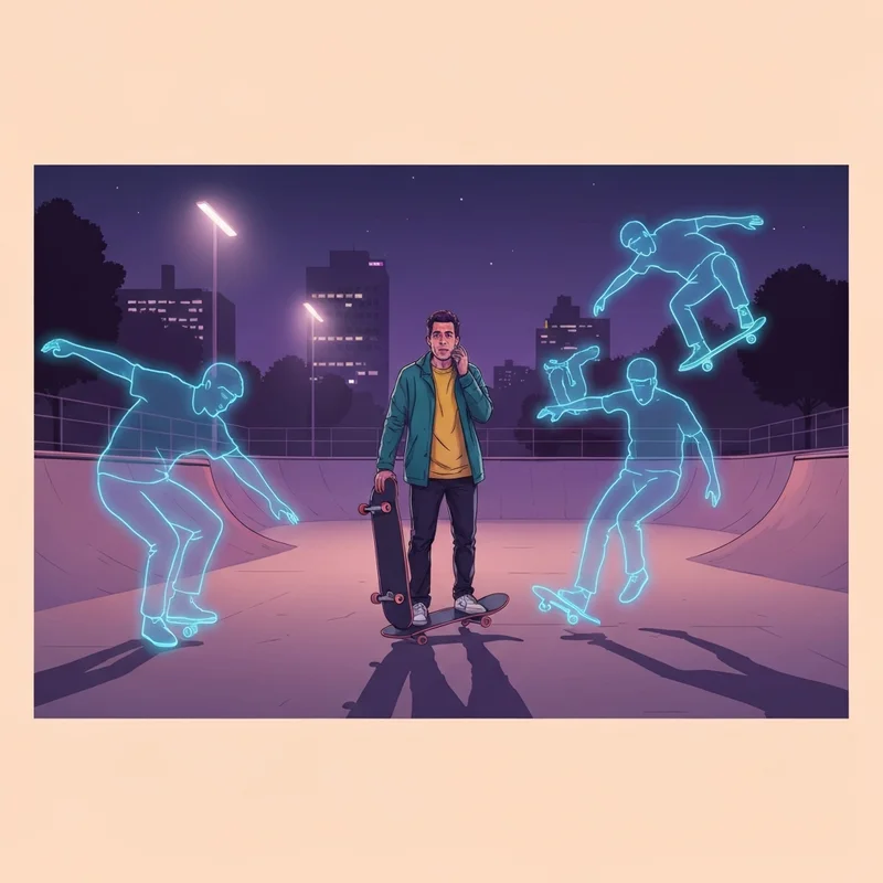 A digital skater in a glitchy neon park wondering why can't i see my friends in skate.