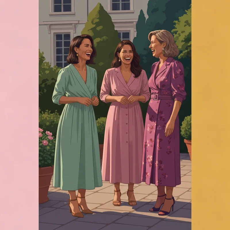 A group of stylish women laughing together at a summer garden wedding while wearing various abercrombie wedding guest dresses.