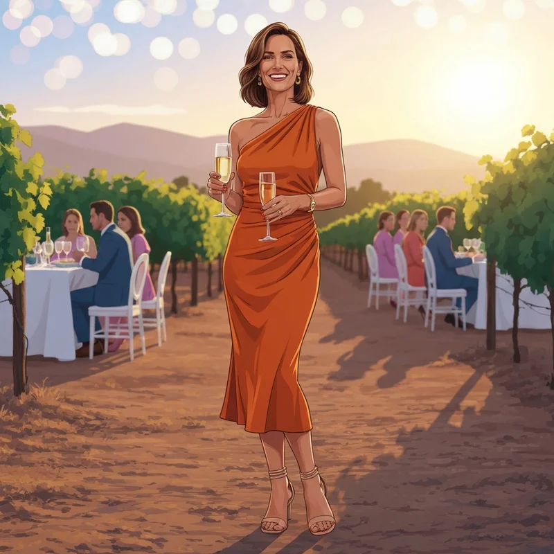 A woman wearing a stylish orange wedding guest dress at a vineyard reception during golden hour.