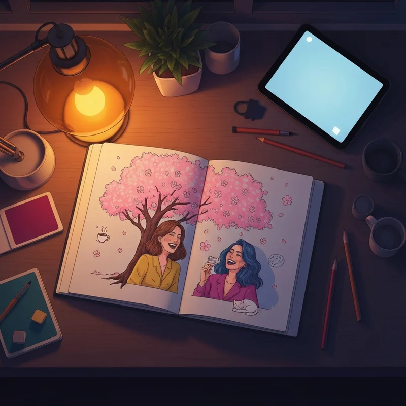 A cozy creative workspace featuring a personalized drawing for a best friend in an open sketchbook.