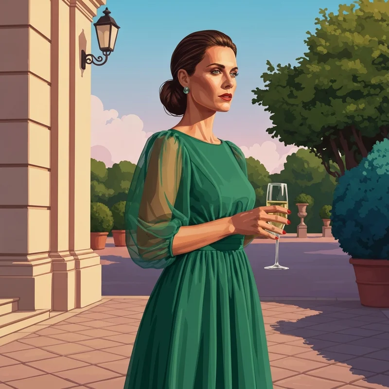 A woman wearing a stylish emerald green dresses with sleeves for wedding guest in a garden setting.