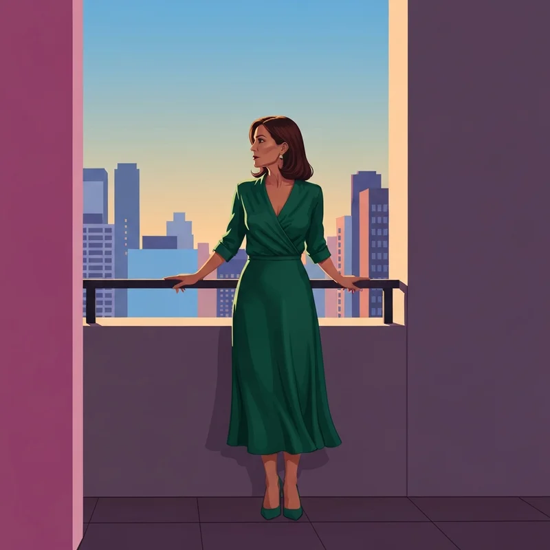 A woman wearing one of the most elegant saks wedding guest dresses on a balcony overlooking the city.