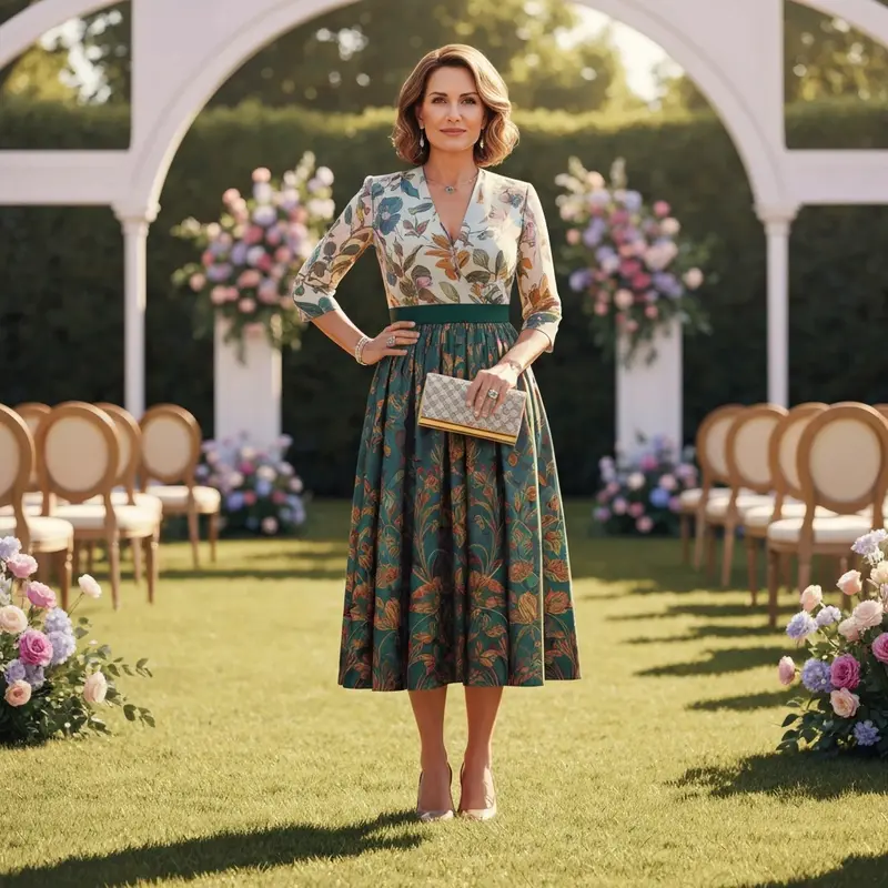 A woman wearing sophisticated floral dresses for wedding guest appearances in a high-end garden setting.