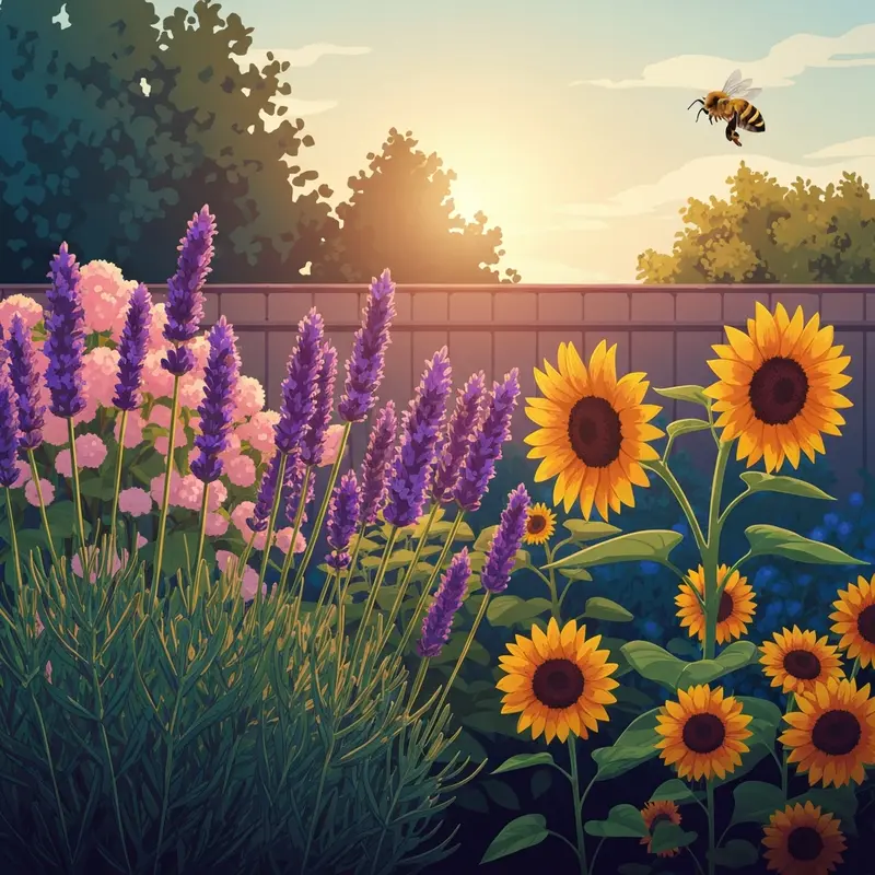 A thriving garden filled with bee friendly flowers attracting pollinators at sunset.