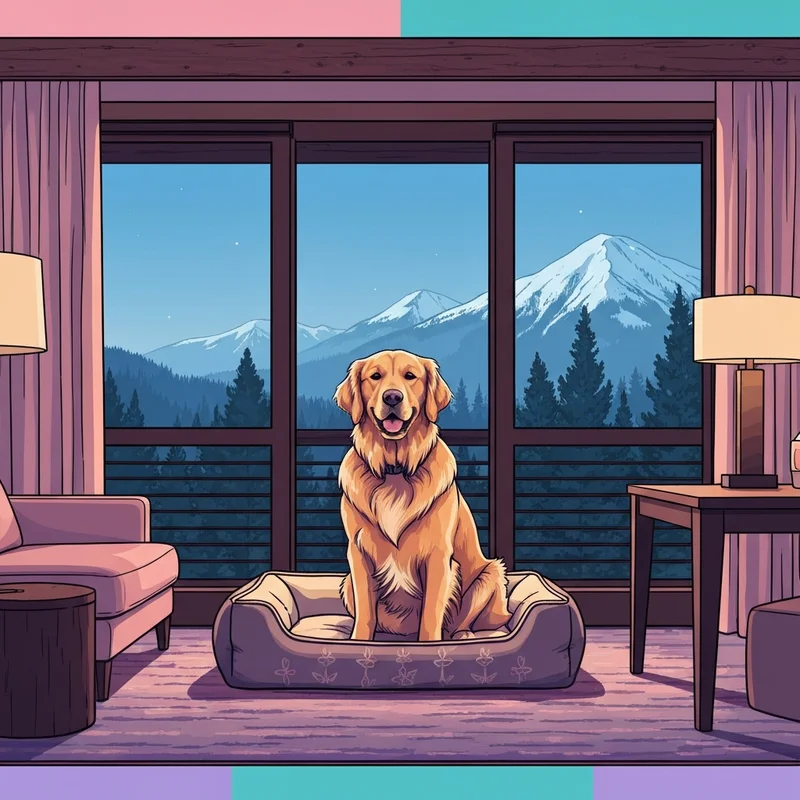 A happy dog resting in one of the best pet friendly hotels bend oregon with mountain views.