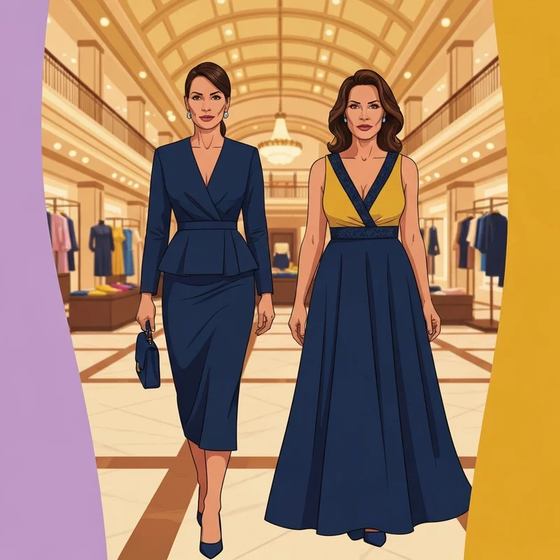 A woman shopping for elegant bloomingdales wedding guest dresses in a luxury department store.