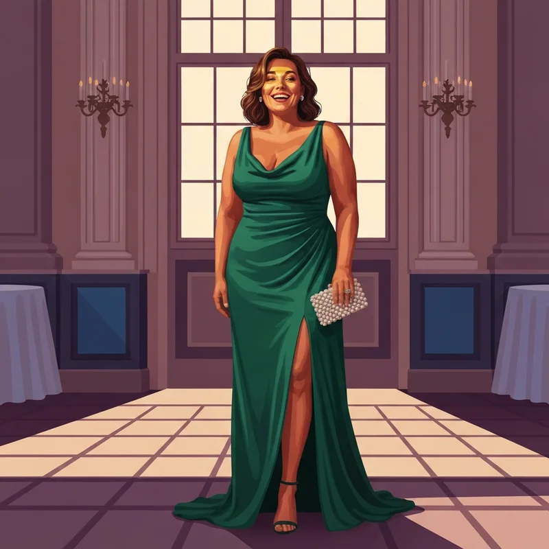 A woman wearing one of the most stylish plus size formal wedding guest dresses in emerald green.