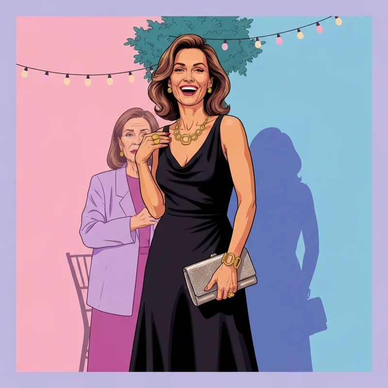 A woman looking stylish in a black wedding guest dress with gold accessories at a celebration.