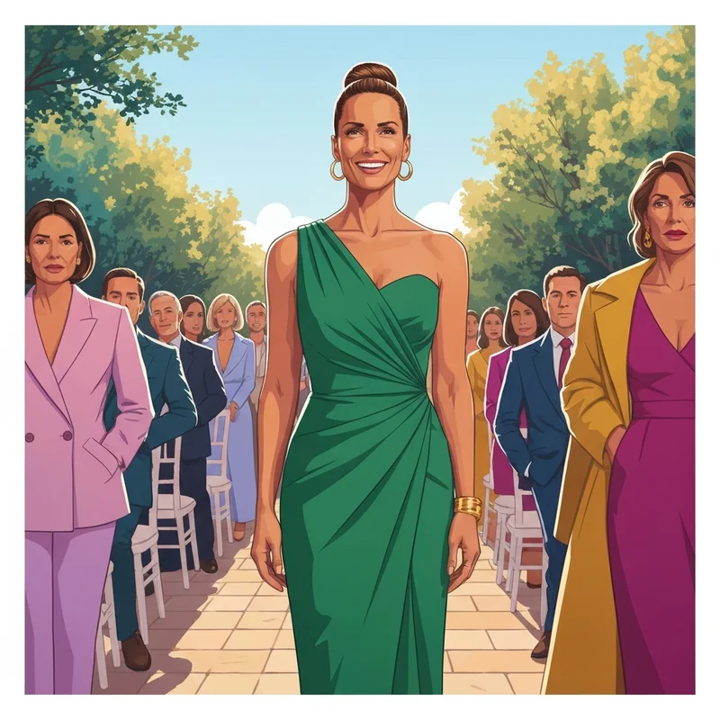 A woman wearing one of the best cheap guest of wedding dresses while looking high-end and confident at a garden ceremony.