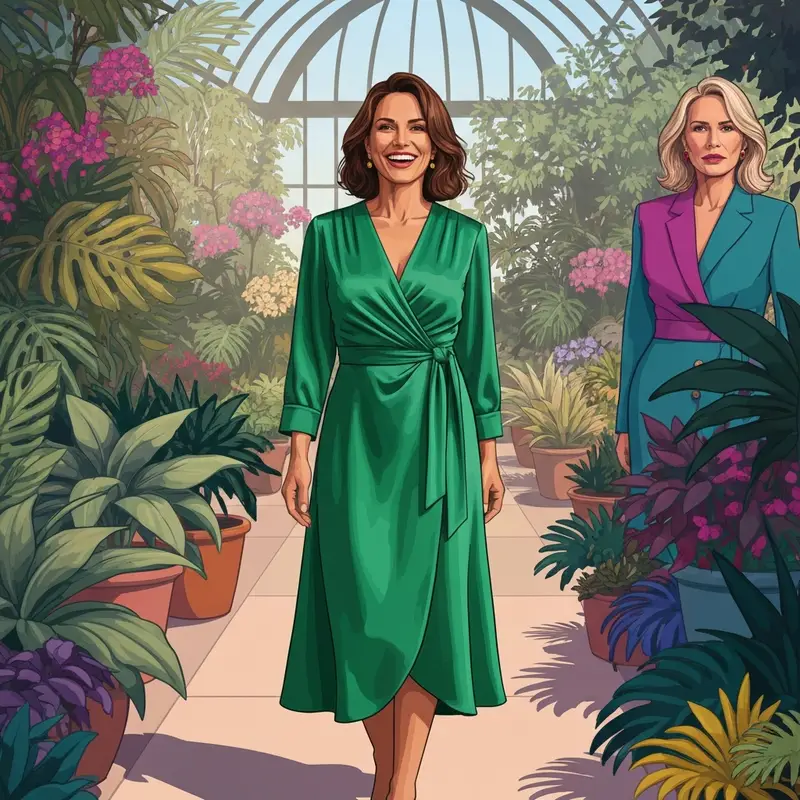 A woman wearing one of the best plus size dresses summer wedding guest in a lush garden setting.