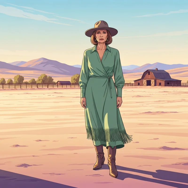 A woman wearing a sophisticated western wedding guest dress and leather boots at a desert ranch during golden hour.