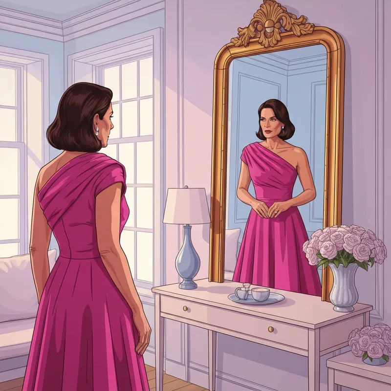 A stylish woman wearing a structural pink dress for wedding guest attendance, looking confident in a luxury setting.