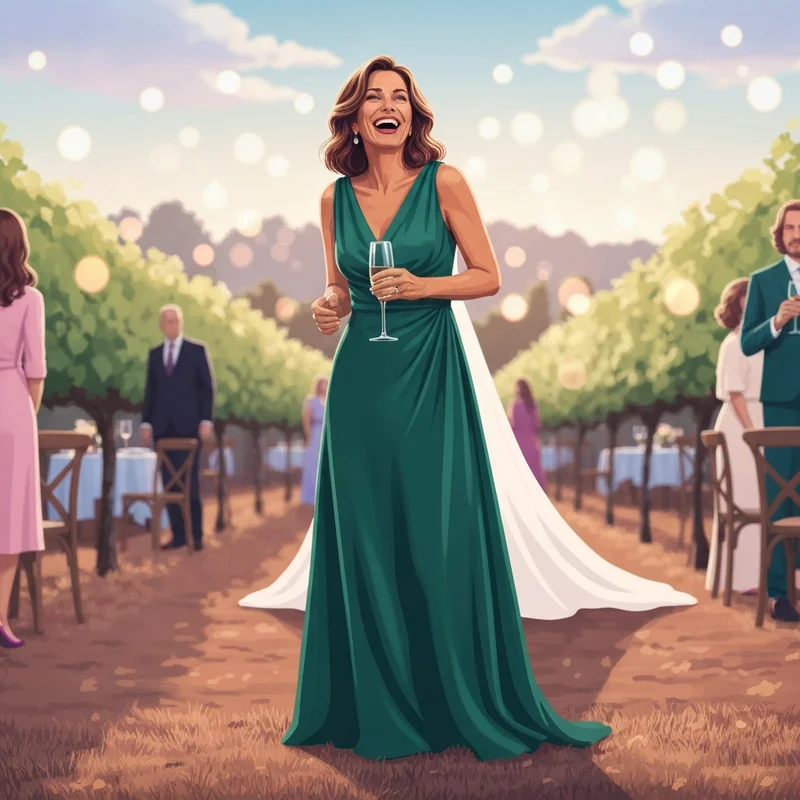 A woman wearing a stunning emerald silk maxi dress wedding guest outfit at a vineyard reception.