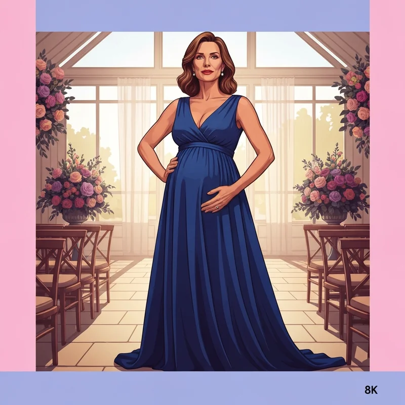 A woman wearing an elegant sapphire blue maternity dress for wedding guest style standing in a floral garden.