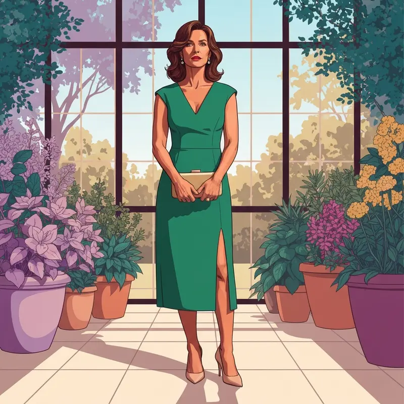 A woman wearing a tailored emerald green petite wedding guest dress in a botanical garden setting.