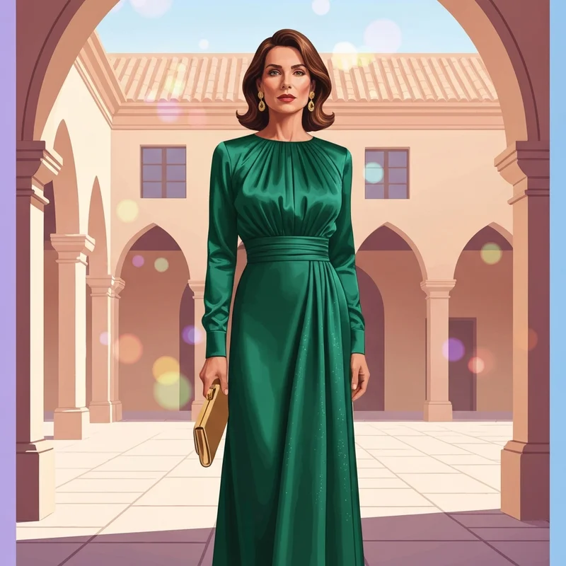 A woman wearing one of the most stylish wedding guest long sleeve dresses in a formal courtyard setting.