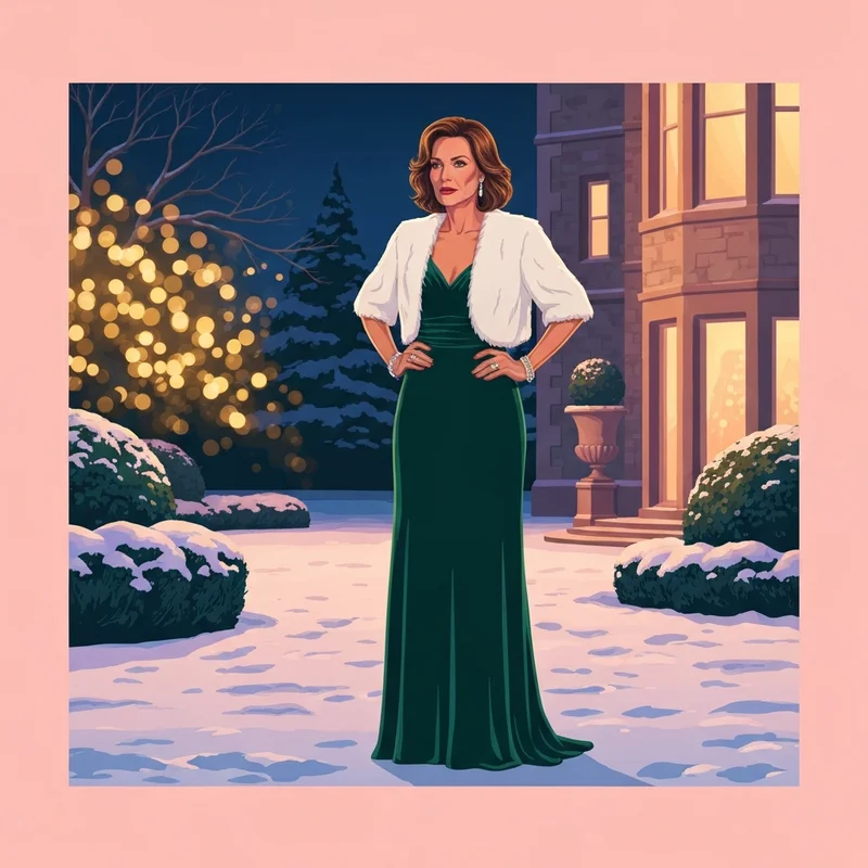 A woman wearing a sophisticated emerald velvet dress for winter wedding guest perfection in a snowy setting.