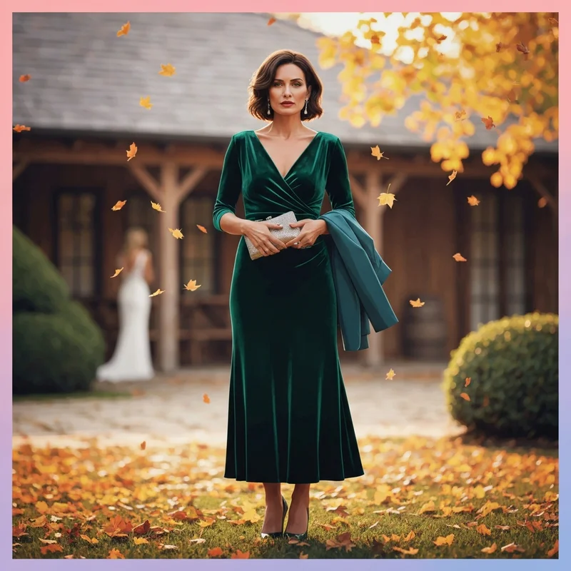 A woman wearing a stylish emerald green velvet october wedding guest dress in an autumn setting.