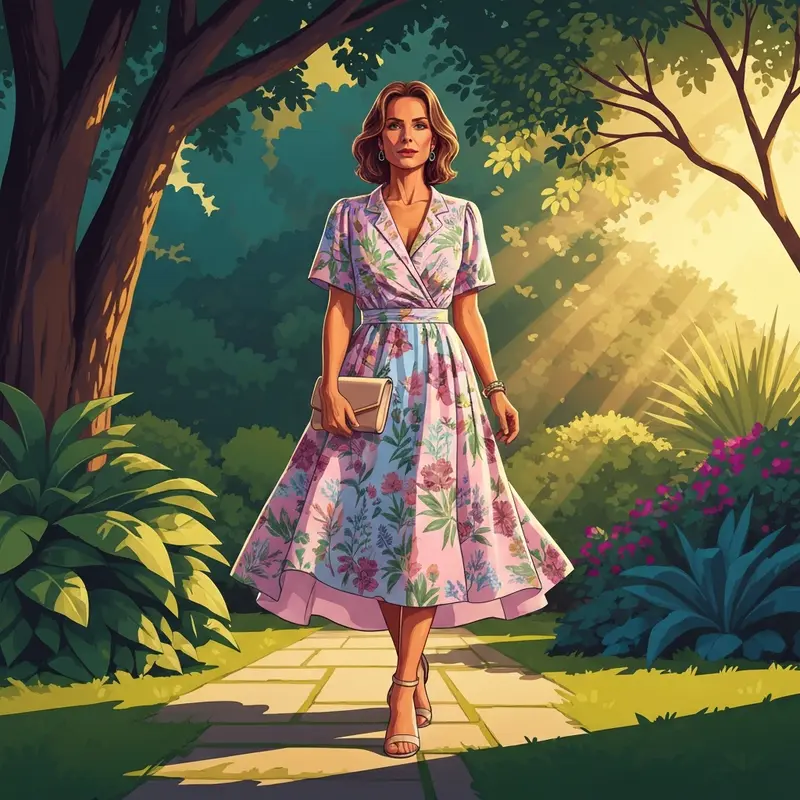 A woman wearing one of the most stylish wedding guest summer dresses in a botanical print for an outdoor 2025 ceremony.