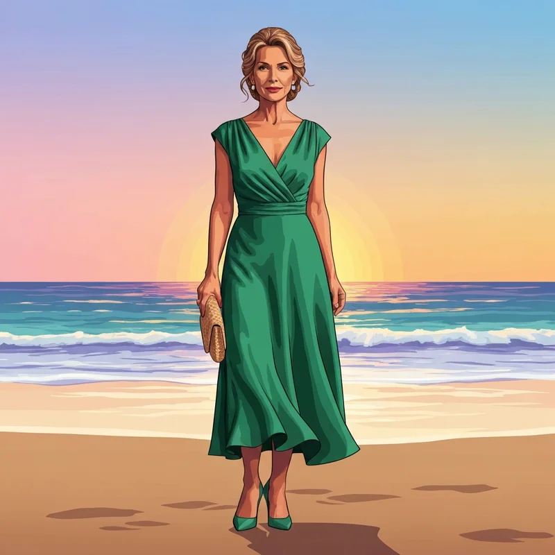 Sophisticated woman wearing one of the best beach wedding guest dresses over 50 at sunset.