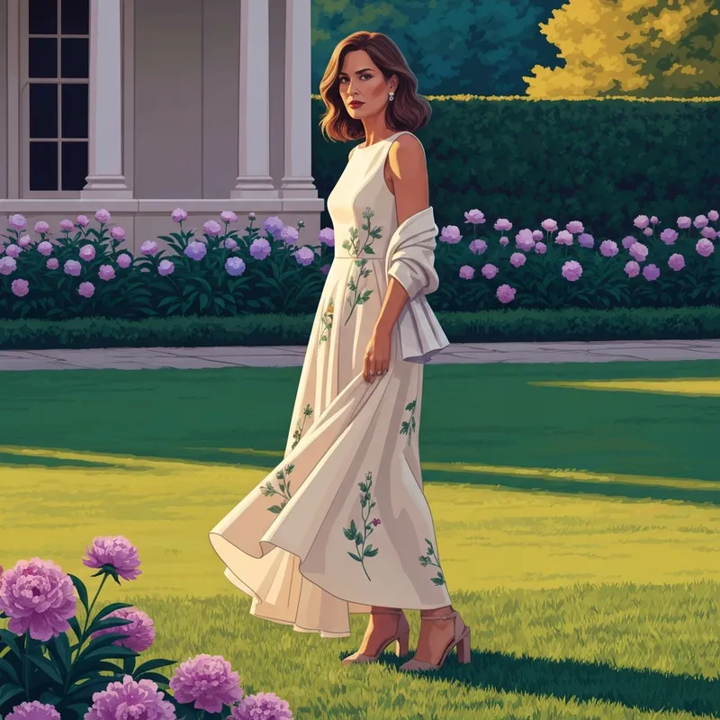 A woman modeling a sophisticated garden formal wedding guest dress in a botanical setting.
