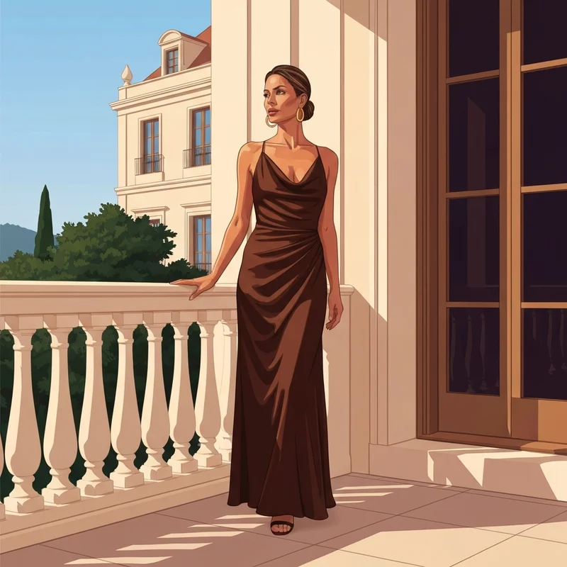 A woman wearing a stunning brown dress wedding guest outfit in a luxury setting.