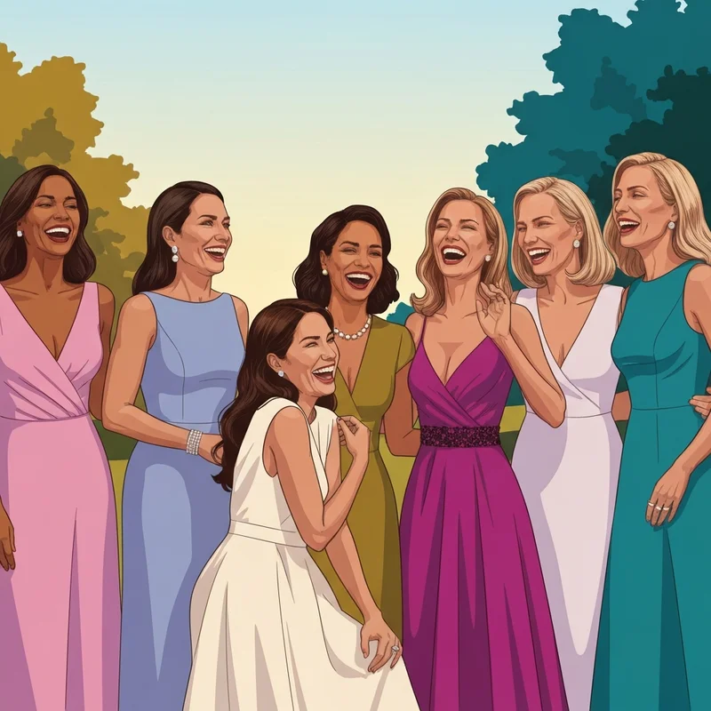 A group of women wearing elegant wedding guest dresses at an outdoor summer ceremony.