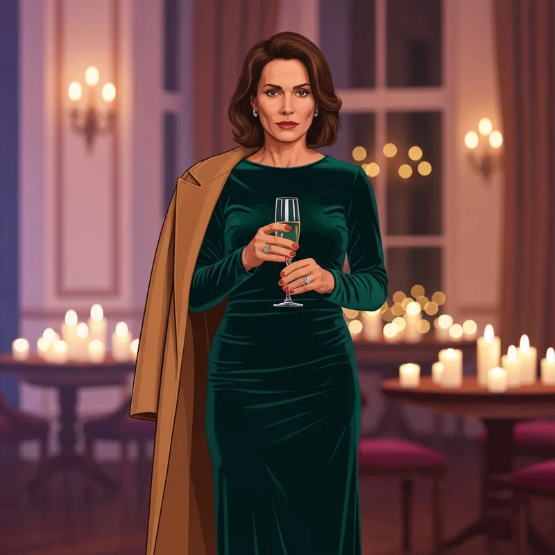 A woman wearing one of the most classy winter wedding guest dresses in an elegant ballroom setting.