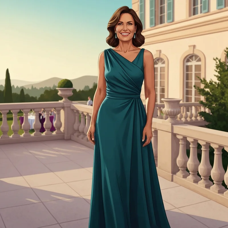 A woman wearing a sophisticated teal wedding guest dress at a luxury garden ceremony.