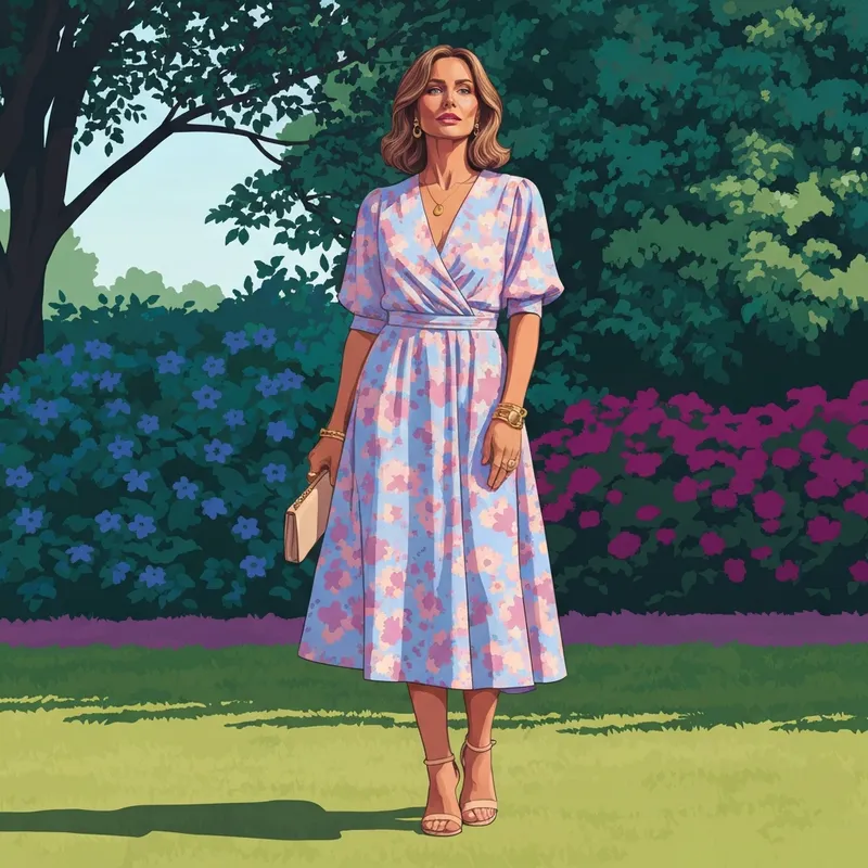 A woman wearing one of the best casual outdoor wedding dresses for guests in a sun-drenched garden setting.