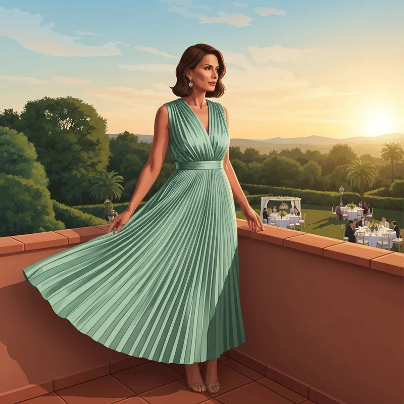 A woman wearing a shimmering sage green pleated wedding guest dress at a sunset garden reception.